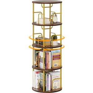 APPOLYN 4 Tier Rotating Bookshelf, 360 Display Spinning Corner Bookshelf, Space Saving Metal Frame Bookcase for Living Room, Office, Bedroom, Gold