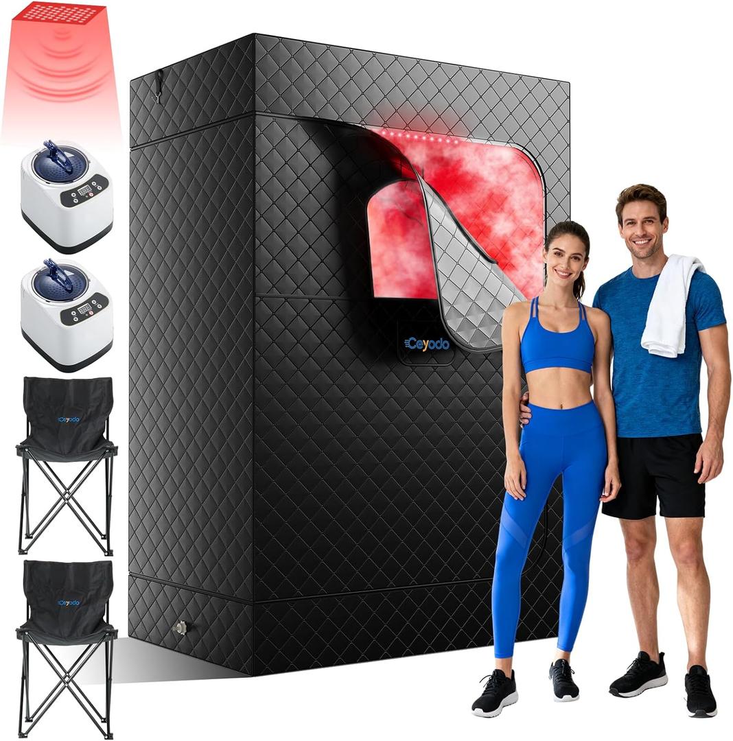 Upgraded 2 Person Infrared Sauna Box, 77x 37x 50 Portable Sauna with 660nm Red Light Therapy & 850nm,5-Layer Waterproof, 2 Steamers,2 Folding Chairs for Home Sauna
