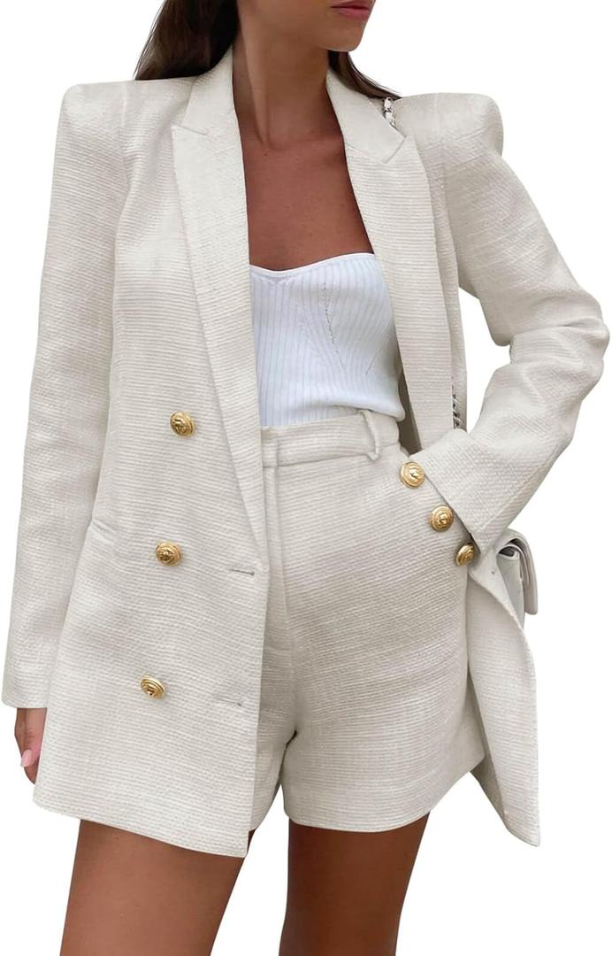 Cicy Bell Womens 2 Piece Tweed Blazer Shorts Sets Long Sleeve Double Breasted Suit Jackets Business Outfit (XX-Large, Beige)