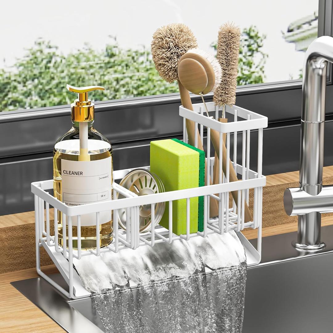 Cisily Sink Caddy Sponge Holder - Stainless Steel Rustproof, High Brush Holder, Dish Sponge Organizer with Divider (White) (9.25)
