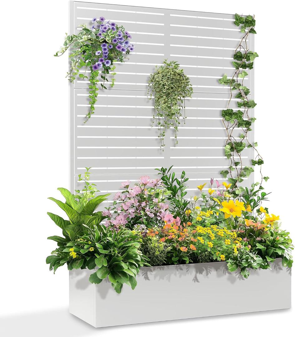 TUYOHW Metal Planter Box with Trellis, Raised Garden Bed with Privacy Screen, Outdoor Planter Box for Climbing Plants, Vine Support Flower Bed with Drainage Holes for Garden, Patio, Balcony, 71"x47"x16"