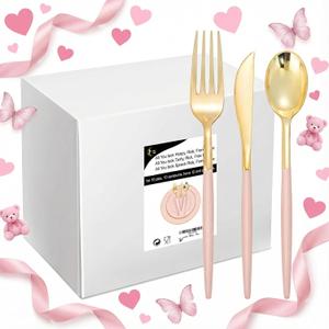 I00000 144Pcs Pink Plastic Silverware, Gold Disposable Flatware with Pink Handle, Gold Plastic Cutlery Set Includes: 48 Forks, 48 Knives and 48 Spoons Perfect for Party & Wedding