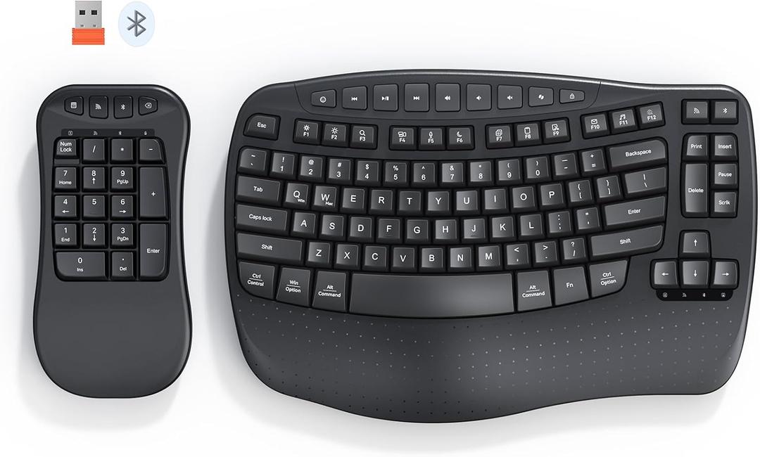 MEETION Ergonomic Wireless Keyboard with Separate Numeric Keypad, Wave Flexible 2-in-1 Setup for Multi-Device, 2.4G/Bluetooth Split Design with Wrist Rest for Accountants/Data Entry/Left-Handed User