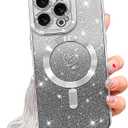 NITITOP Compatible with iPhone 16 Pro Max Case Cute Clear Glitter [Compatible for MagSafe] Sparkle Bling Magnetic Plating Heart Girl Women Electroplated Frame Camera Protection Back Cover - Silver