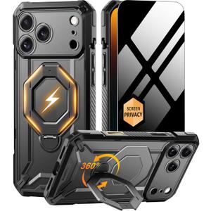 TONGATE for iPhone 17 Pro Max Case with 360 Spin Magnetic Stand, [Compatible with MagSafe][Military-Grade Protection] with Privacy Screen Protector & Camera Control Cover for iPhone 17 ProMax, Black