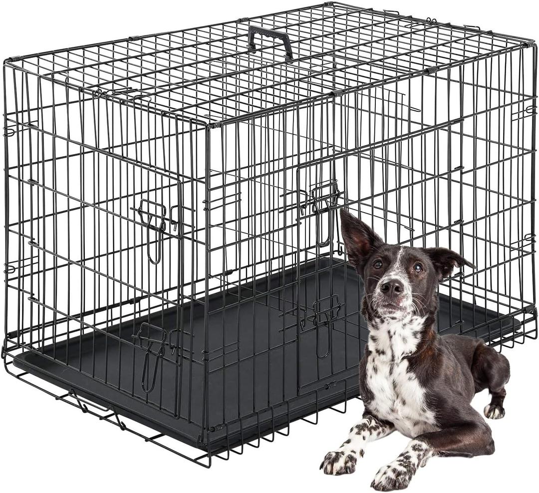 FDW Dog Crate for Large Dogs 42 Inch Folding Metal WirePet Cage Double Door W/Divider Panel Indoor Outdoor Kennel Leak-Proof Plastic Tray, Black
