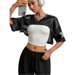 MakeMeChic Cropped Jersey Shirts for Women Half Sleeve Y2k Crop Tops Shrugs V Neck Graphic Tee (Small, Black) MakeMeChic Cropped Jersey Shirts for Women Half Sleeve Y2k Crop Tops Shrugs V Neck Graphic Tee (Small, Black)