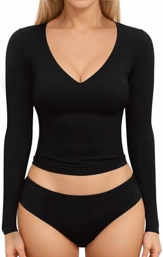 MANGOPOP Women's V Neck Long Sleeve Fitted T-Shirt XL