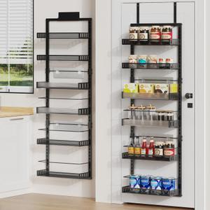 6-Tier Over the Door Pantry Organizer, 2 in 1 Large Door Spice Rack with Adjustable Metal Baskets, Heavy Duty Hanging or Wall Mounted Storage Organizer for Kitchen Pantry and Room Wall (Black)