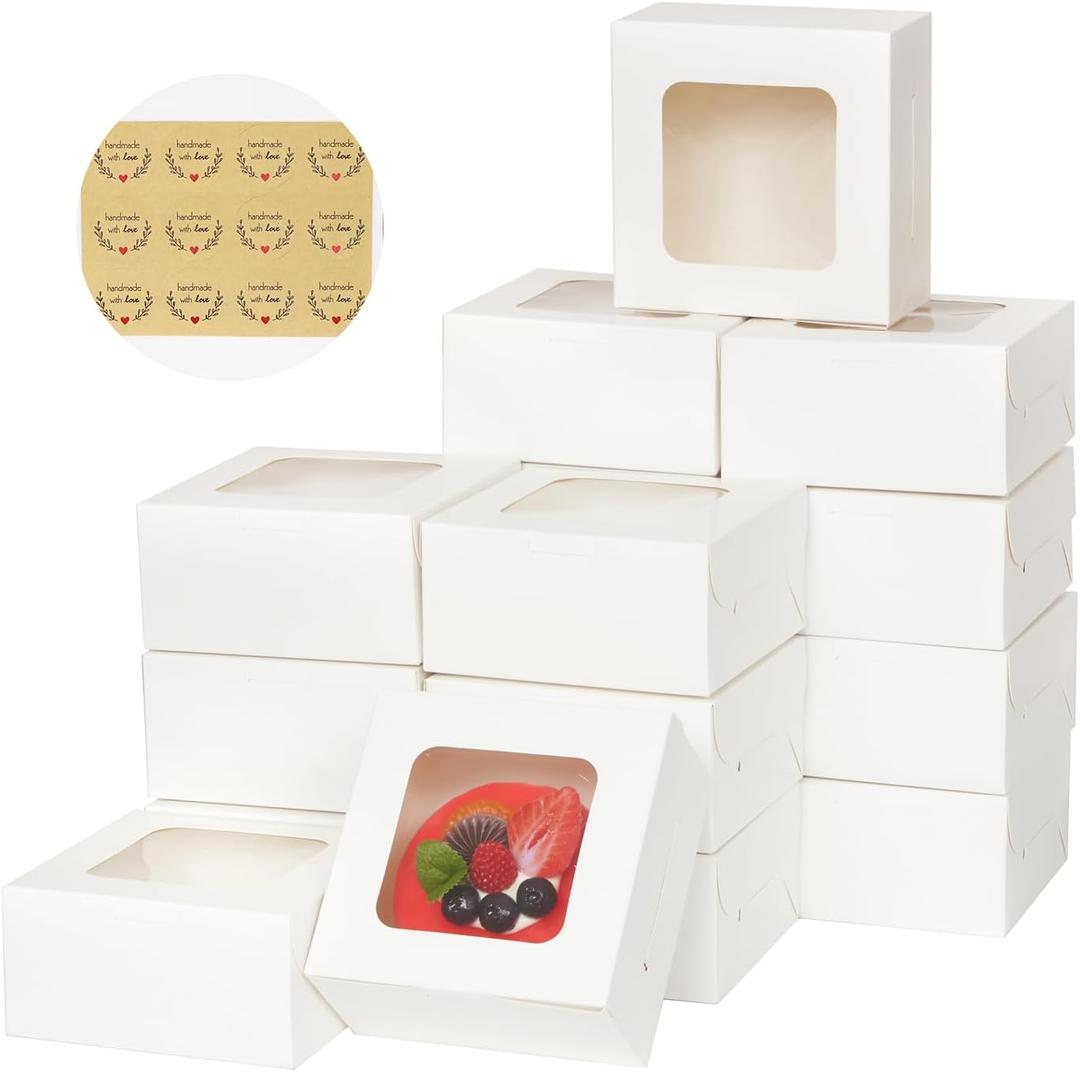 Zzrywuty 50 Packs 5x5x2.5in White Cookie Boxes, Bakery Boxes with Window, Mini Cake Boxes, Food Container Boxes for Cookies, Pastry, Pie, Strawberries, Donuts, Candy, Desserts, Small Cake