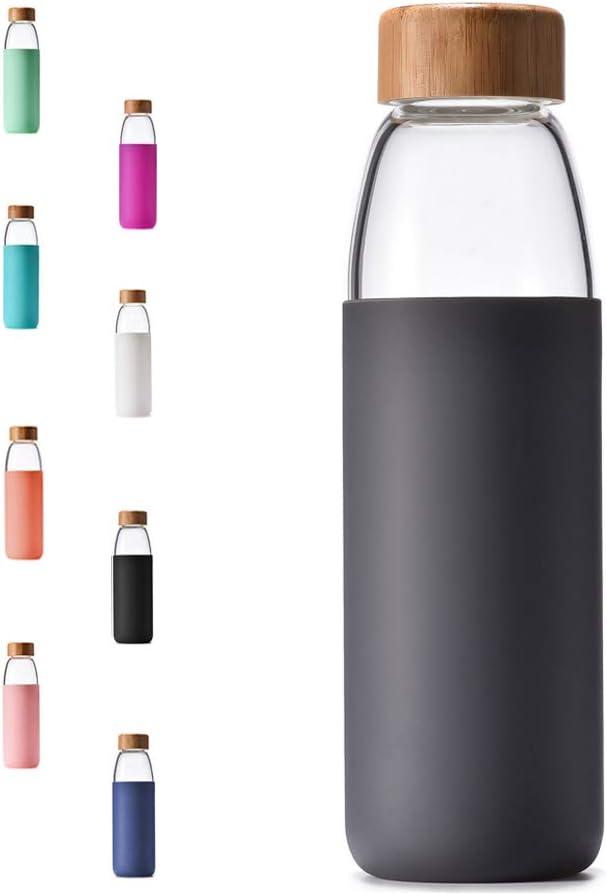 veegoal 25 Oz Borosilicate Glass Water Bottles with Bamboo Lid, BPA-FREE, Non-Slip Silicone Sleeve, and Stainless Steel Leak Proof Lid - Reusable Glass Bottle for Men and Women (Charcoal Grey)