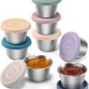 [8 Pack] Salad Dressing Container To Go, 2.4oz Small Condiment Containers with Leakproof Silicone Lids, Reusable Stainless Steel Sauce Cups for Lunch Bento Box, Picnic and Travel