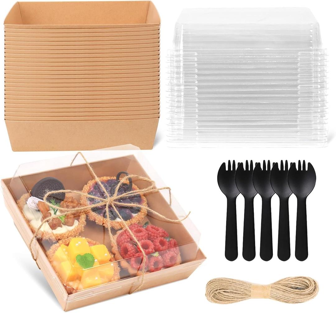 7 x 7 x 2.6 Inches Large Charcuterie Boxes with Clear Lids, 50 Pack Disposable Square Brown Bakery Boxes, To Go Paper Food Container for Cake Slices, Sandwiches, Cookies, Dessert
