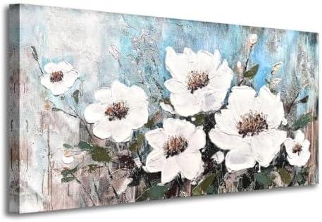 Magnolia Canvas Wall Art for Living Room White and Blue Flower Pictures Textured Floral Painting Bedroom Wall Decor 40x20 Inches