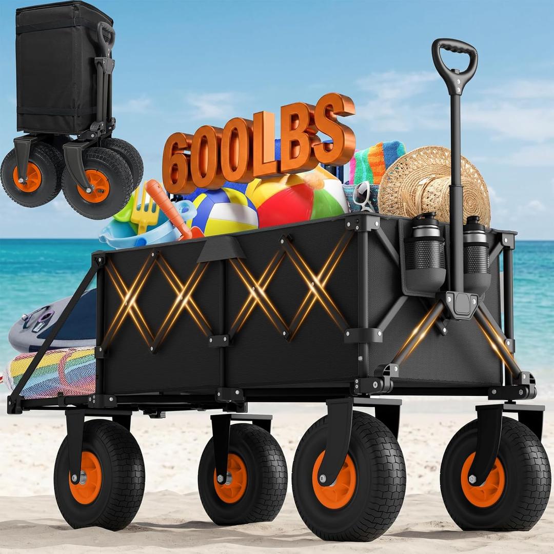 Beach Wagon with Big Wheels for Sand - Heavy Duty 10" Wheel Collapsible Wagons Foldable Large Wagon Cart Folding All Terrain for Camping (Black)