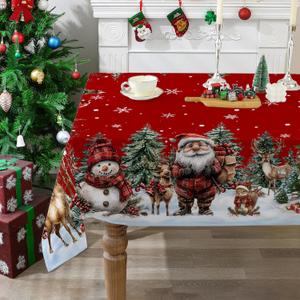Christmas Tablecloth 60x84 Inches for Rectangle Tables - Snowman and Santa Red Christmas Decor - Water Resistant Xmas Table Cloth, Party Decorations for Kitchen, Home