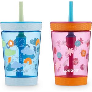Contigo Kids Spill-Proof Tumbler with Straw 14 oz. 2 Pack (Dragonfruit Wildflowers & Blue Poppy Clouds)