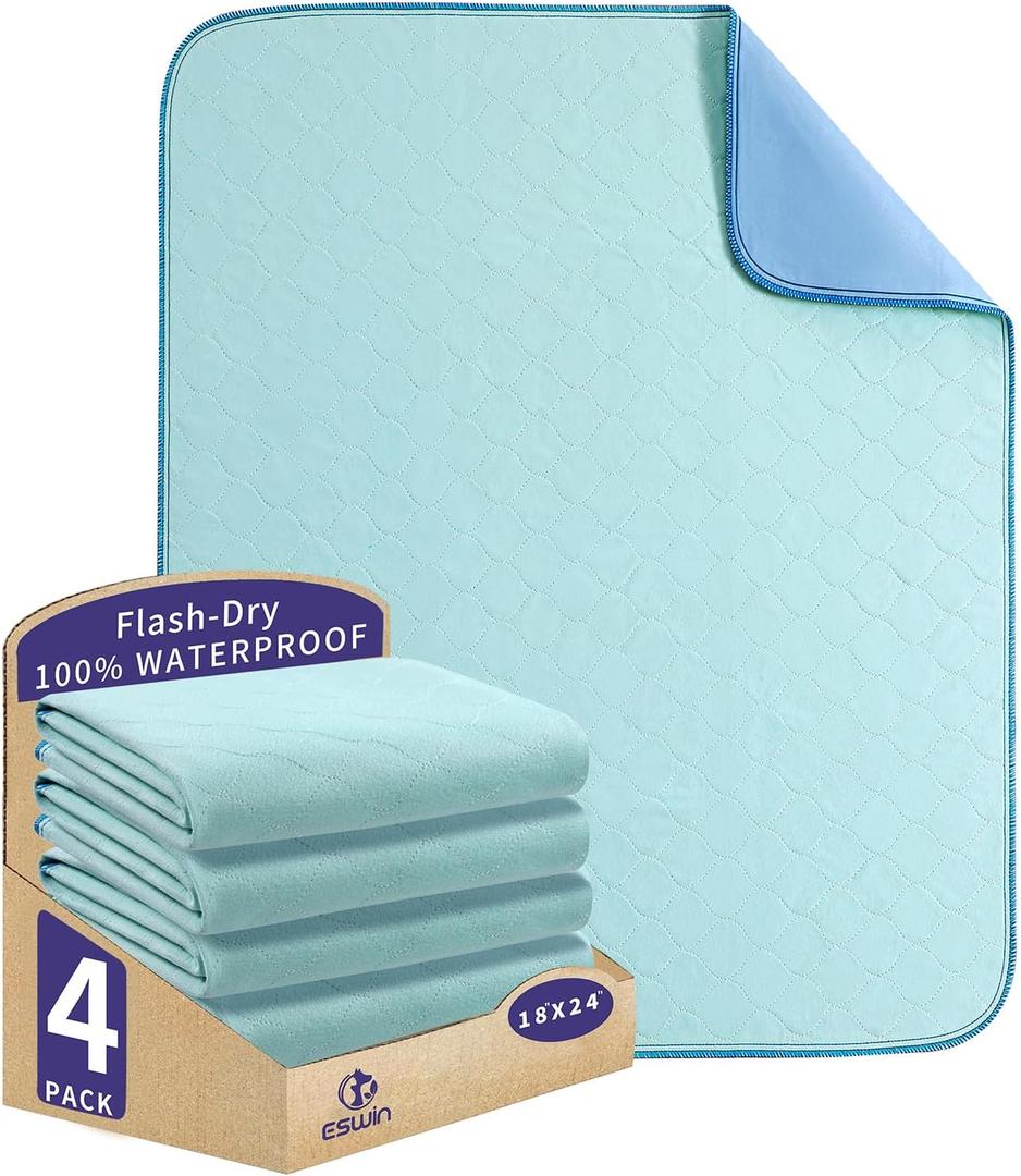 Bed Pads Washable Waterproof,Washable Underpads,Super Absorbency Reusable Bedwetting Incontinence Pads for Kids, Adults, Elderly, and Pets - Waterproof Protective Pad for Couch,Sofa,Floor,Bed (4 Pack - 18"X24")