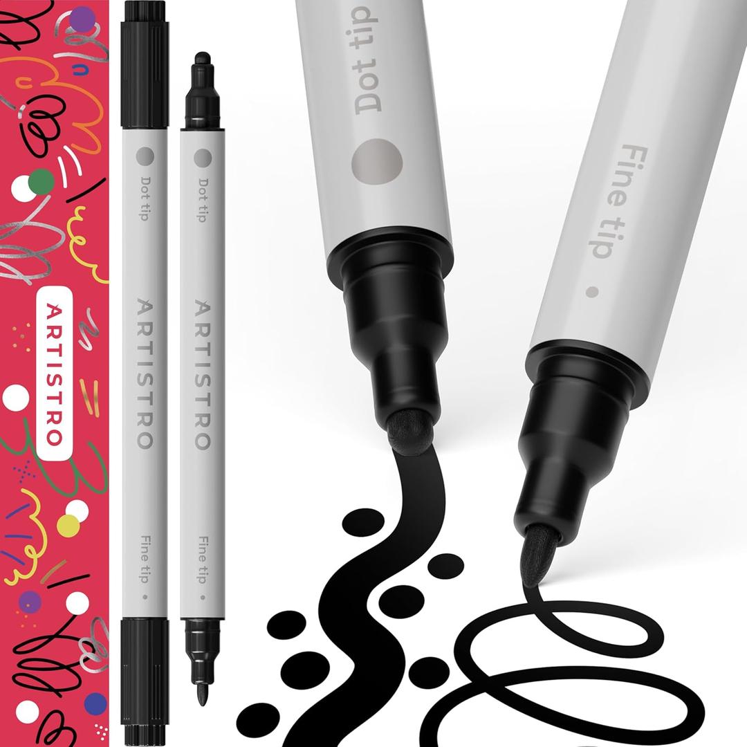 ARTISTRO 2 Black Dual-Tip Acrylic Paint Pens - Multi surface Markers for Glass, Rock, Fabric, Wood, Plastic & More - 5mm Dot + 1mm Fine Tips