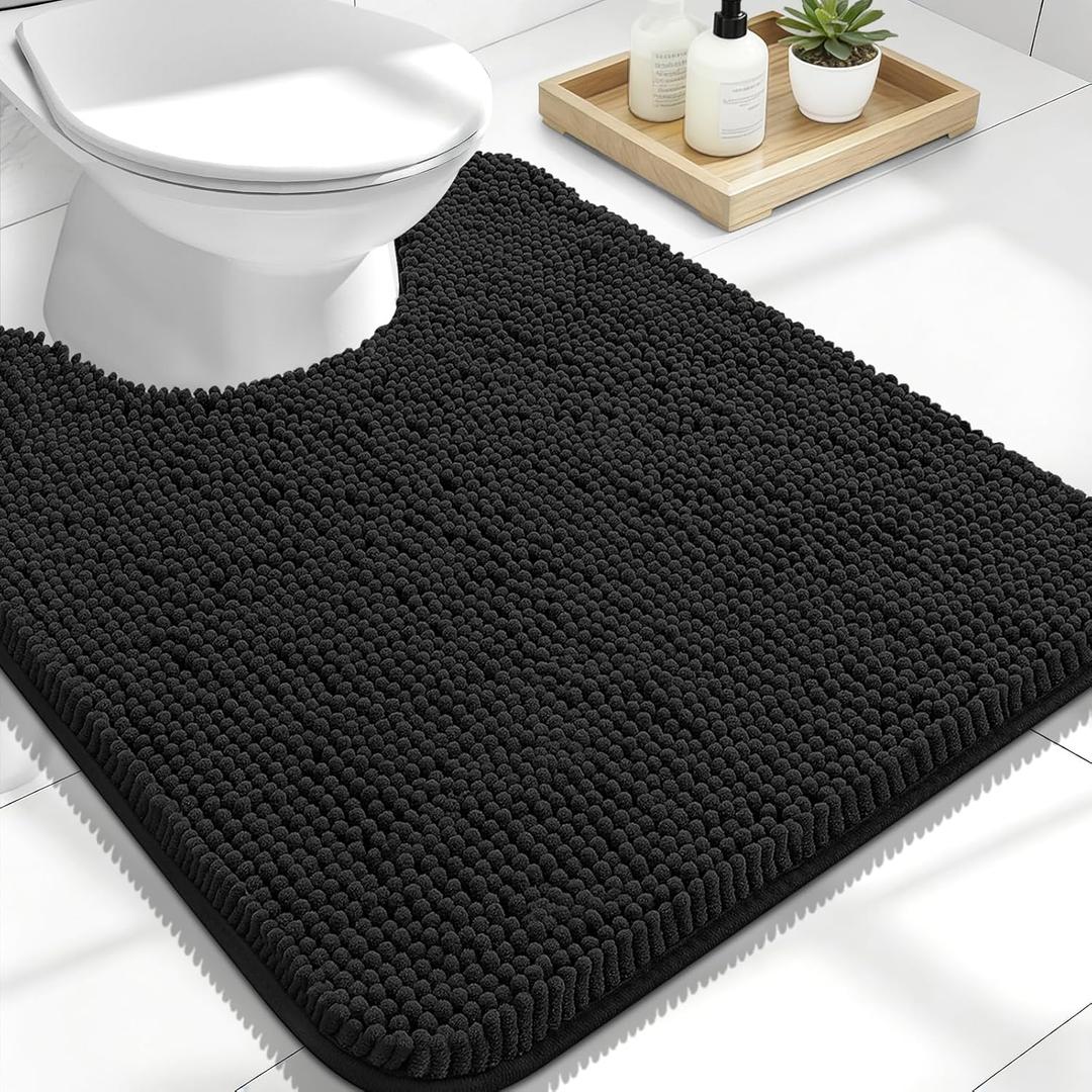 OLANLY Toilet Rugs U-Shaped 24x20, Extra Soft Absorbent Chenille Contour Bathroom Rugs for Toilet, Dry Quickly, Machine Washable, Non-Slip Bath Mat, Black
