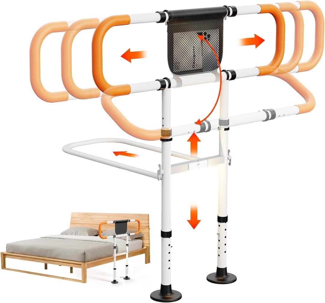 Zelvia Bed Rails for Elderly Adults Safety with Motion Light & Storage Pouch - Retractable & Foldable Bed Handrails Assist Bedrails for Seniors, Surgery Patients & Handicap -White&Orange