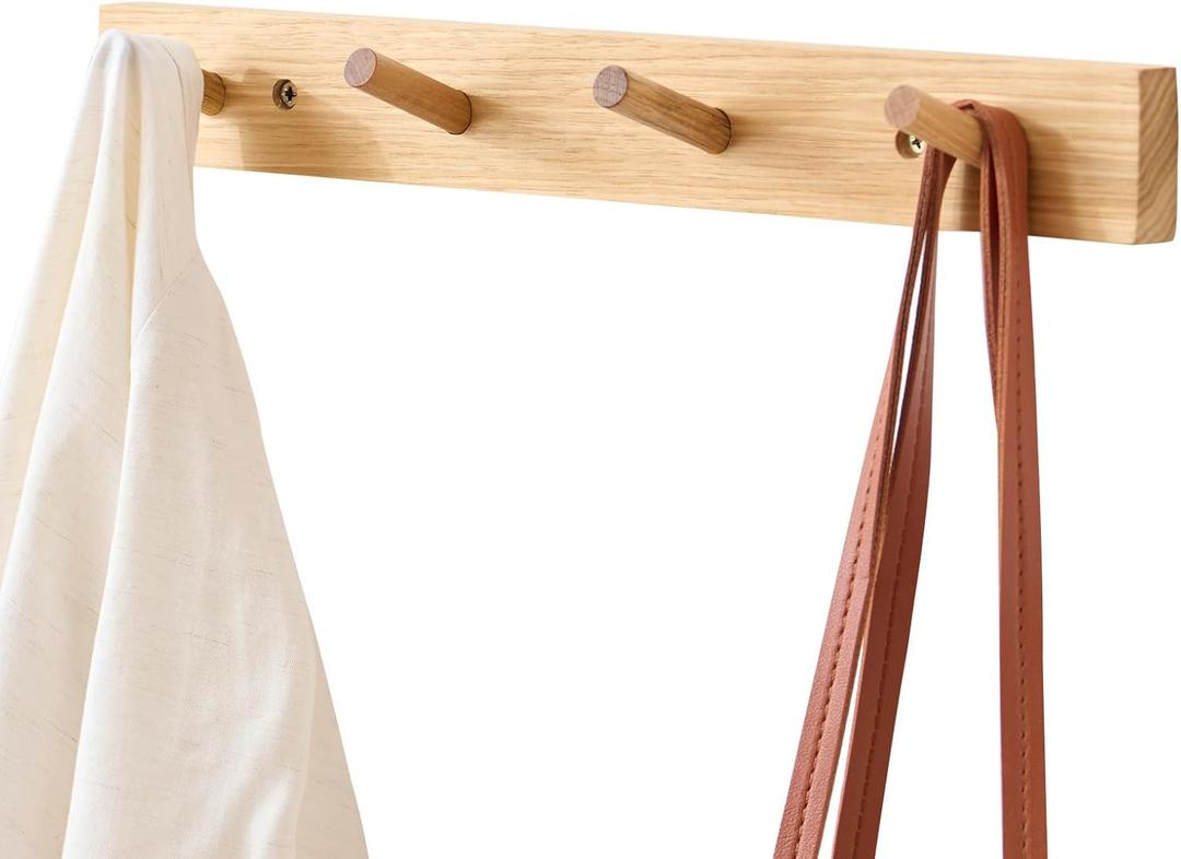 Hickory Wood Coat Rack Wall Mount, 16 Inch Coat Hook Hanger Wooden Wall Coat Rack with 4 Hooks for Purse Clothes Towels Hats in Entryway Bedroom Bathroom, Natural