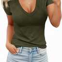 Womens Summer Sexy Short Sleeve Tshirt Tops Deep V Neck Shirts Casual Slim Fit Basic T-Shirt Tee (Small, A-army Green)