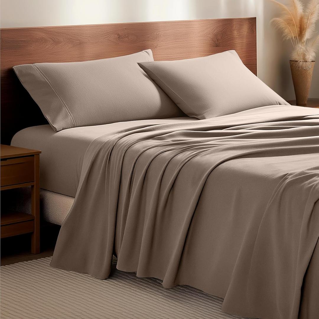 Bare Home Flannel Sheet Set 100% Cotton, Velvety Soft Heavyweight  Double Brushed Flannel  Deep Pocket (King, Taupe)