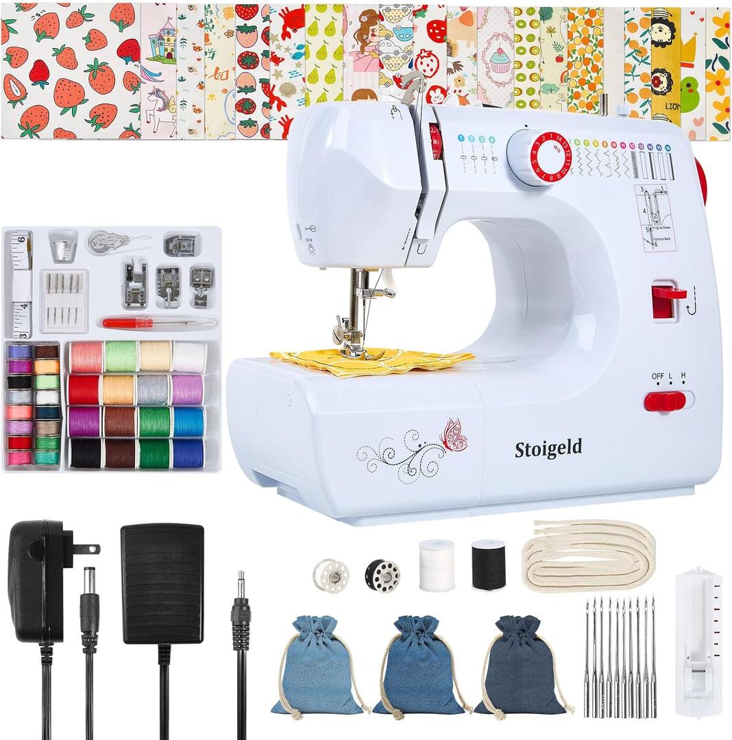 Sewing Machine for Beginners with 20 Pcs Fabric3 Pcs Prefabricated kits and 32 Pcs Sewing Threads Kit,Portable Sewing Machine with 16 Built-in Stitches, 2 Speed - White Red