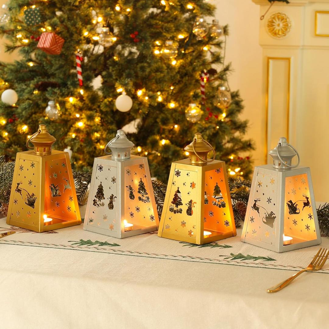DECORKEY Christmas Lanterns Decorations Outdoor&Indoor, 4PCS Decorative Candle Holder Set with Christmas Tree, Snowman, Reindeer, Santa Claus Openwork Patterns, Hanging&Tabletop Decor (No Glass) (Golden *2+silver *2)