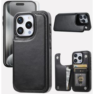 Compatible with iPhone 15 Pro 6.1 Wallet Case +1 Screen Protector, Slim Protective case with Card Holder, PU Leather Kickstand Card Slots Case-Black