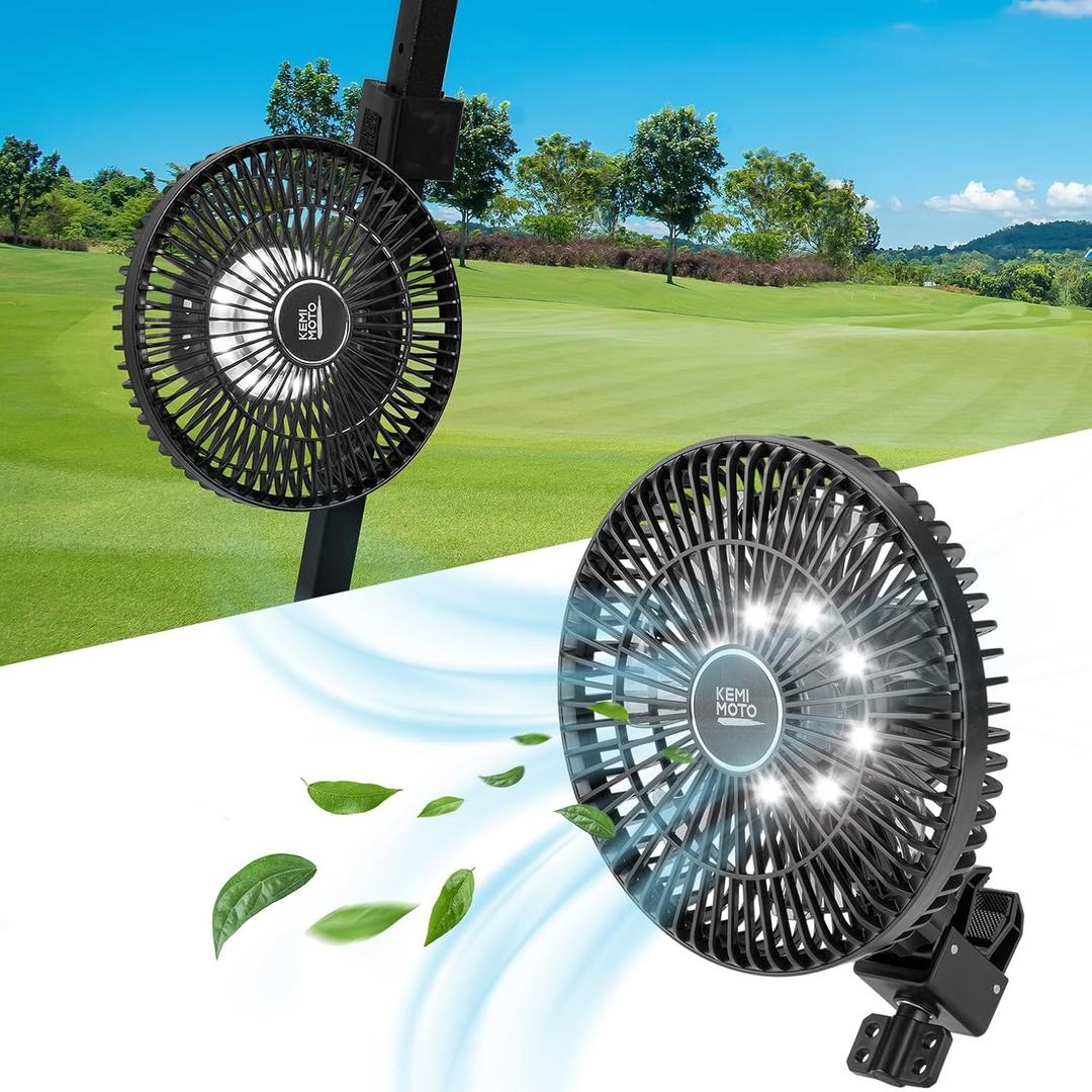 KEMIMOTO Rechargeable Golf Cart Fan with LED Light, Battery Operated Portable Fan with 6 Powerful Speeds, 9" Clip On Fan Compatible with EZGO Club Car Yamaha, 360 Rotatable Head, USB & Type C Port