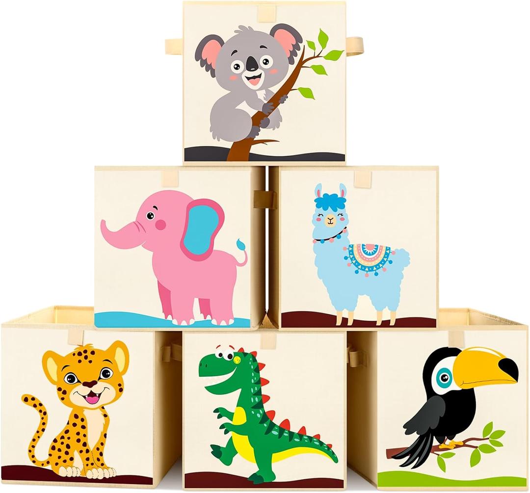 Kigley 6 Pcs Collapsible Cube Storage Bins Kids Foldable Storage Cube Organizer Fabric Toy Box Decorative Kids with Handles for Home Nursery Bedroom, 10.6 x 10.6 Inch(Classic Animal)