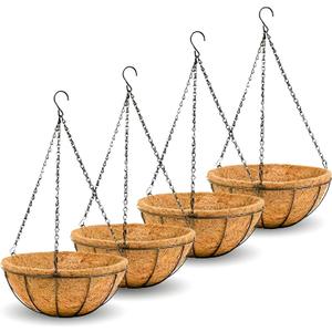 14 inch Metal Hanging Baskets For Plants Outdoor 4 Pack Round Metal Wire Hanging Basket Planter with Coco Fiber Liners Chain Round Wire Plant Holder for Garden, Patio, Deck, Porch Plants Flower Potss