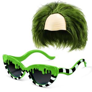 Geiserailie 2 Pcs Halloween Juice Costumes Accessories Sandworm White and Black Striped Sunglasses Clown Green Short Curly Wig for Adults Men Women Halloween Sandworm Cosplay Movie Costume Accessories