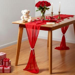 Tegeme 2 Pcs Red Chiffon Table Runner 12 x 106 Inch Boho Gauze Sheer Cheesecloth Romantic for Wedding Birthday Bridal Baby Shower Anniversary Party Mother's Day Valentine Christmas Home Table Decor