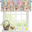 Easter Valances Curtain Bunny Spring Floral Kitchen Curtains Easter Eggs Colorful Wood Window Valance Topper Curtain Window Treatment for Spring Holiday Living Room Bedroom Decor, 1 Panel 54x18 Inch