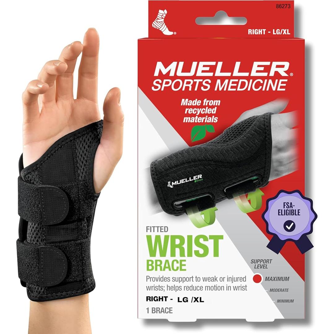 MUELLER Sports Medicine Green Fitted Wrist Brace for Men and Women, Wrist Pain Relief Support, Ideal for Carpal Tunnel, Tendonitis, Arthritis, Right Hand, Black, Large/X-Large (Black, L)