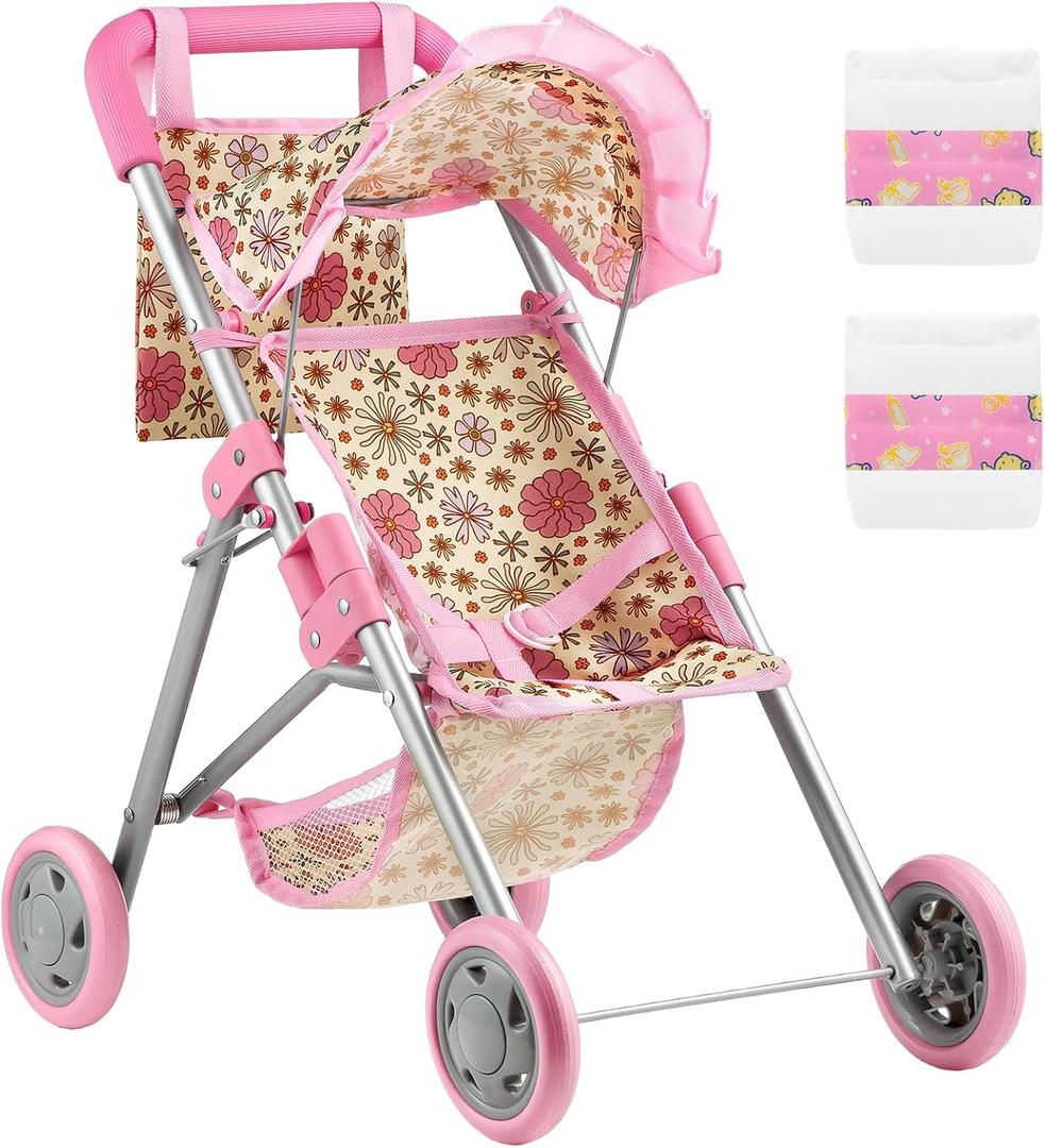 GAGAKU Baby Doll Stroller, Foldable Toy Stroller with Storage Basket and Bag, Diaper, Reborn Doll Accessories for Girls & Kids Ages 3+, Daises Pattern
