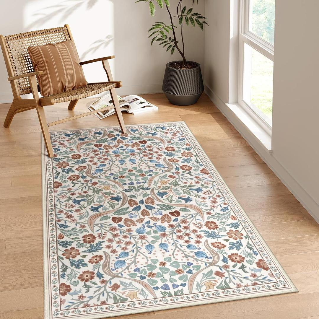 Moynesa Floral Washable Area Rugs, 3x5 Rugs for Bedroom Non Slip Soft Entry Rug, Boho Flower Small Living Room Throw Rug Ultra Thin Floor Carpet for Dorm Bathroom Nursery, Beige