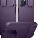 SURITCH for iPhone 14 Plus/15 Plus Case with Magnetic Camera Slide Cover and Adjustable Kickstand, Compatible with MagSafe, Shockproof Bumper Case Slim Protective Cover 6.7 Inch, Dark Purple