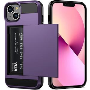 Vofolen for iPhone 13 Case Wallet Credit Card Holder ID Slot Sliding Door Hidden Pocket Men Women Anti-Scratch Dual Layer Hybrid Bumper Armor Protective Shell Back Cover 6.1 inch GreyPurple