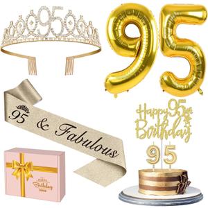 95th Birthday Decorations for Women Gold with 95th Birthday Sash and Tiara, Cake Topper and Candles, Number Balloons, 95 Year Old Gifts for Women
