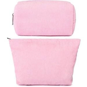 SOIDRAM 2 Pieces Makeup Bag Large Corduroy Cosmetic Bag Capacity Canvas Mix Travel Toiletry Bag Organizer Cute Makeup Brushes Aesthetic Accessories Storage Bag for Women,Corduroy Mix Hot Pink