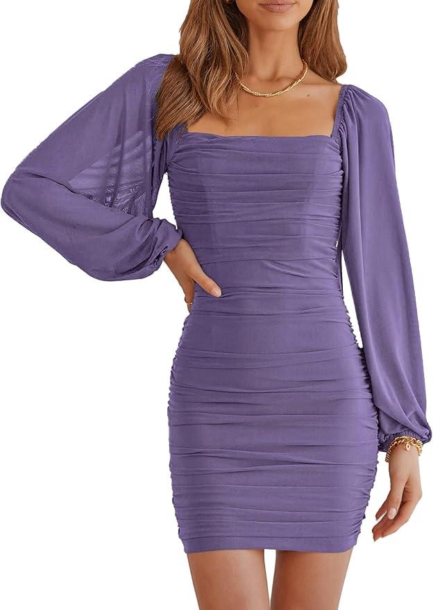 MASCOMODA Women Elegant Square Neck Lantern Long Sleeve Mini Ruched Bodycon Dress Stretch Mesh Slim Party Cocktail Dresses, Medium