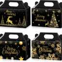 Cholemy 48 Pcs Christmas Candy Boxes Paper Gift Holders Black and Gold Christmas Treat Goodie Boxes with Handle for Gift Giving Holiday Xmas Theme Party Favors Supplies