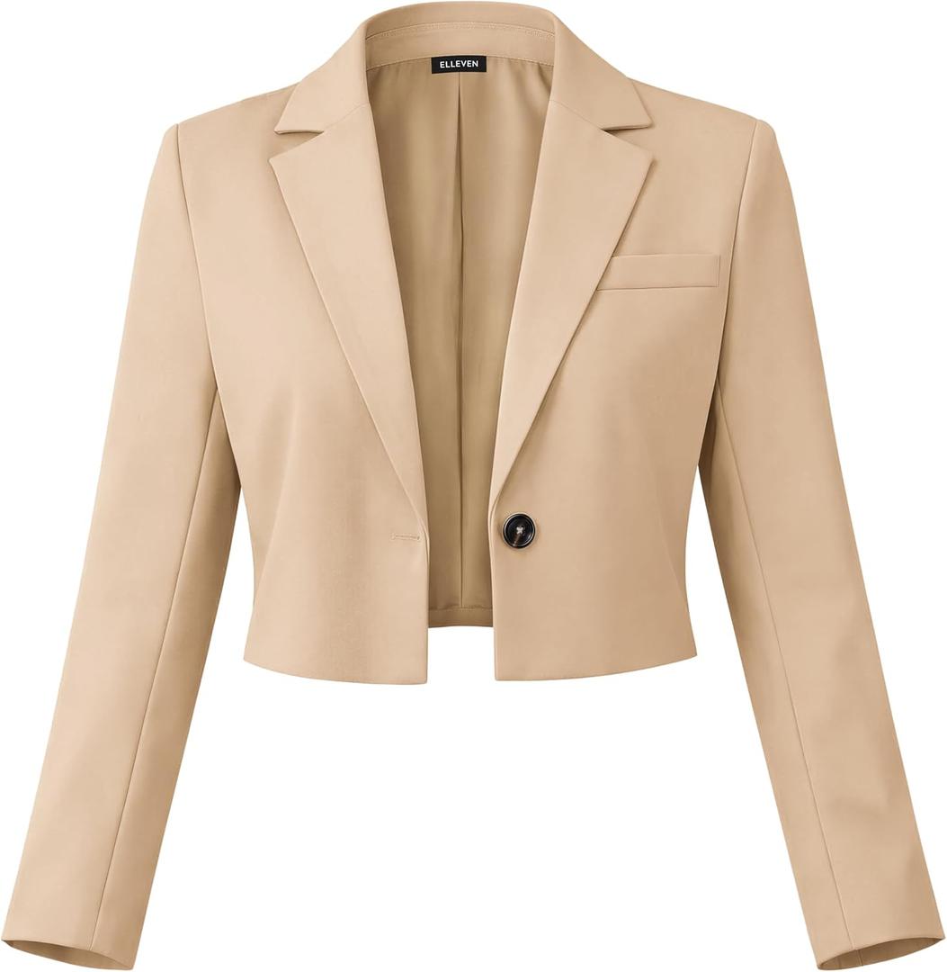 ELLEVEN Womens Cropped Blazer Business Casual Open Front Long Sleeve One Button Jacket (X-Small, Khaki)