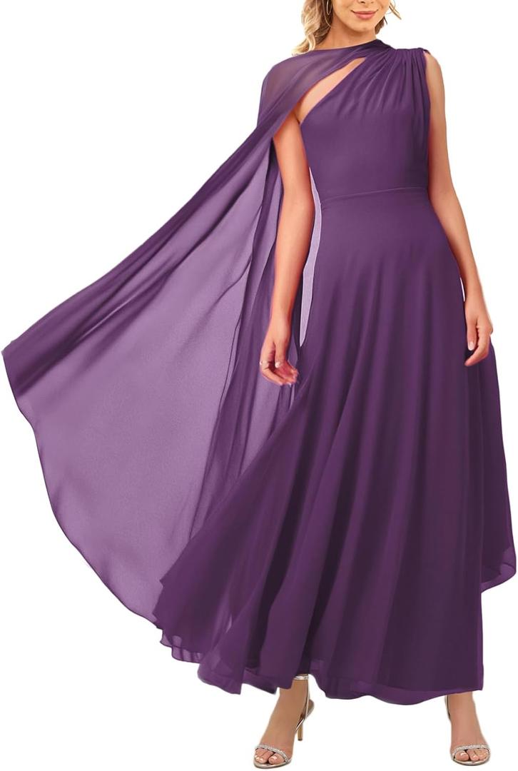 Lrady Women's Elegant Evening Gowns Crewneck One Shoulder Flowy Aline Wedding Guest Party Formal Maxi Dresses with Cape (XX-Large, Purple)