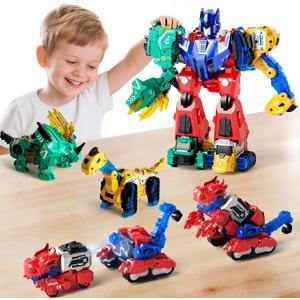 Magnetic Dinosaur Transforming Robot Toys, 6-in-1 Dino Construction Trucks for Kids, Magnetic Car Toys for Boys Girls Age 3 4 5 6 7 8, STEM Educational Christmas Building Gift, Large