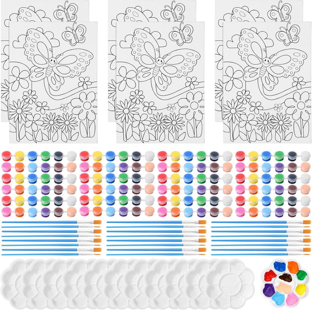 Marspark 72 Pcs Butterfly Pre Printed Canvas Painting Kit Back to School Gifts 12 Pre Drawn Canvas 24 Acrylic Painting Strips 24 Brushes 12 Palette for Kids Adult Classroom Birthday Art Party Favors